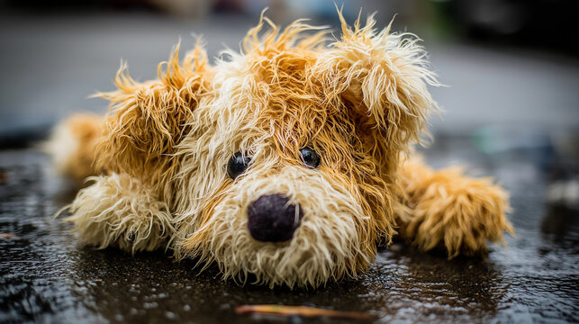 expropriated. A discarded plush toy lying in the rain with wet, matted fur, muted colors. lifestyle magazines, social media lookbooks, designed for lifestyle magazines and social media content.