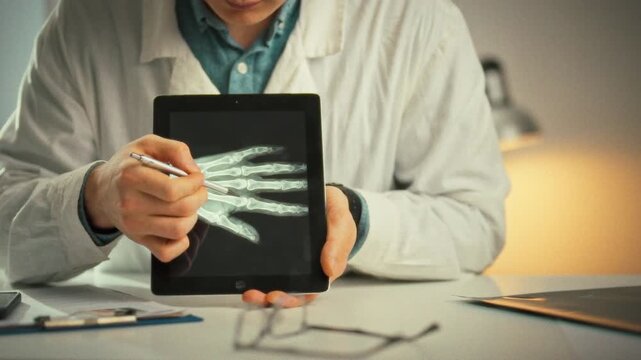 Modern touchscreen tablet shows an X-ray as the doctor conducts a consultation, gently tapping the screen to highlight problem areas for the patient, illustrating the diagnosis in a clinical setting
