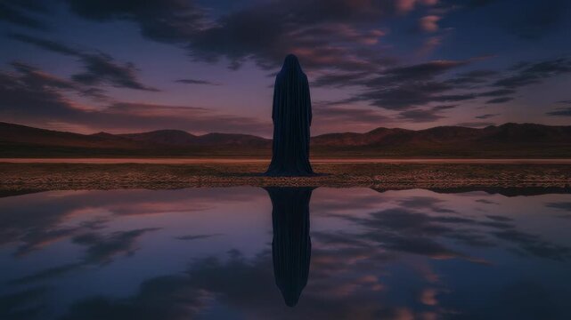 A cloaked monolithic figure stands motionless in a vast reflective salt flat, capturing the serene and surreal beauty of the twilight hour as nature reflects the deep mystery of the horizon.