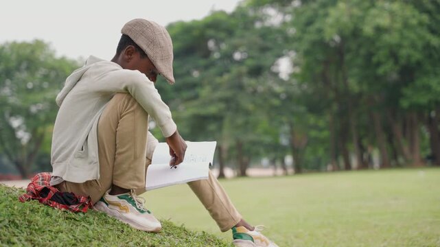 Black boy son studying outdoors laptop seated on grassy slope with cap and hoodie writing in notebook surrounded by trees soft afternoon light introspective mood casual sneakers backpack nearby