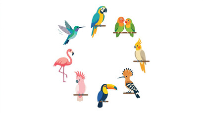 Exotic bird icon collection with parrots flamingo and hummingbird vector © Kuddus