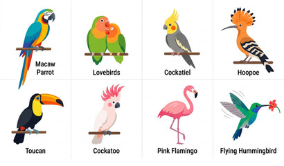 Parrots and exotic birds flat icon vector set isolated on white © Kuddus