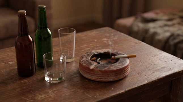 Wooden table with bottles glasses and cigarette