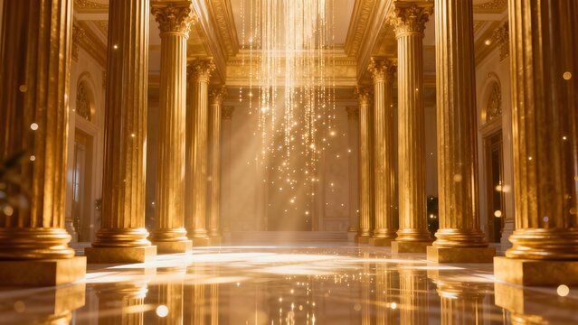 Golden columned hall with light effects