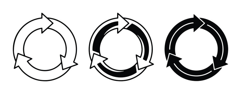 Recycling Arrows Icons, Circular Arrows Symbol, Refresh Loop Vector Graphics. Set of three circular arrow icons in outline and solid black styles for process, repeat, or cycle concepts.