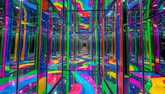 Mirror maze funhouse with rainbow reflective walls creating bold geometric carnival illusion