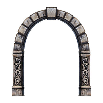 Ancient stone archway with ornate floral carvings and weathered texture isolated on Transparent background for architectural design and compositing