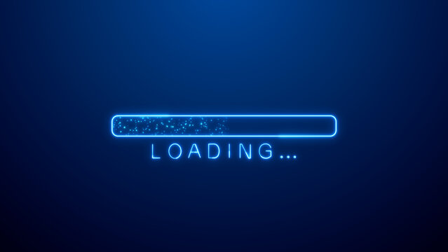 Futuristic Neon Loading Bar  with Glitter Glowing on Blue Background , technology and stream intro social media background