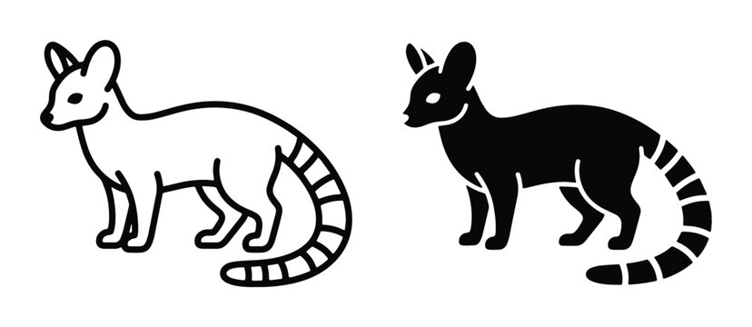 Lemur vector icon set, ring-tailed lemur silhouette and line art illustrations, exotic primate wildlife graphics for nature branding and logos