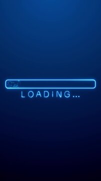 Futuristic Neon Loading Bar  with Glitter Glowing on Blue Background animation , technology and stream intro vertical social media motion background