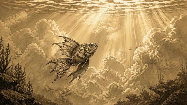 A detailed ink etched fish glides gracefully through an ethereal underwater sky, capturing a surreal blend of marine life and celestial clouds in a vintage style, file 227.