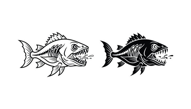 Aggressive predatory fish skeleton with sharp teeth in both black outline and solid silhouette styles for grunge or marine themed graphic design