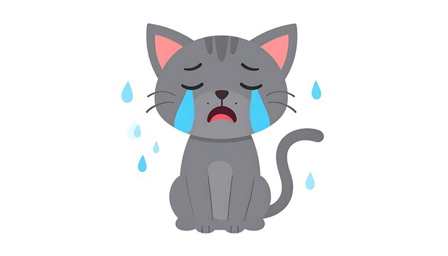 A gray cartoon cat with tears and a sad expression