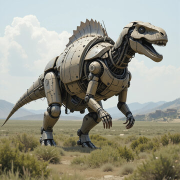 Ancient Robotic Paraceratherium in Prehistoric Landscape
