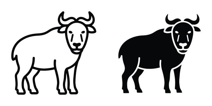 Takin animal vector icons, wild gnu goat-antelope line art and silhouette, Himalayan budorcas taxicolor wildlife illustration set for logo design