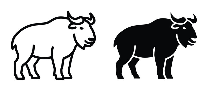 Takin animal vector icons, black and white gnu goat silhouettes, wild bovid mammal line art, Himalayan wildlife illustration set for nature branding