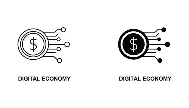 Digital economy coin icon with circuit lines in outline and solid silhouette for finance concepts