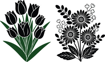 Set of two elegant floral bouquet silhouettes featuring black tulips with green leaves and daisy flowers for wedding invitations, greeting cards, and decorative botanical art. © MSTARJINAAKTHER