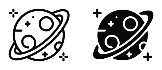 Minimalist Saturn planet icons with rings and stars, black line and solid silhouette space vector set, celestial astronomical symbols for UI design © Nusrat