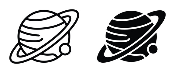Minimalist Saturn planet icon set, black and white celestial vector graphics, ringed planet symbols for astronomy and space exploration branding © Nusrat