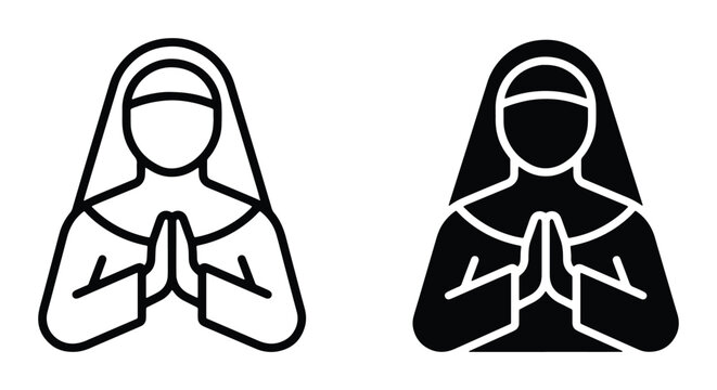 Religious nun icon set, praying catholic sister vector illustrations, minimalist christian woman in habit line and glyph style graphics for church
