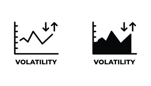 Stock market volatility graph icons in outline and solid fill variations showing price fluctuations and market uncertainty