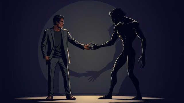 A man in a sharp suit stands face to face with his own dark monstrous shadow as a visual representation of psychological duality and the internal struggle between light and darkness in modern life.