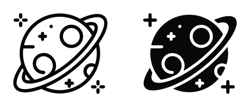 Minimalist Saturn planet icons with rings and stars, black line and solid silhouette space vector set, celestial astronomical symbols for UI design