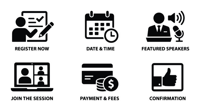 Webinar registration icon set, online event management symbols, virtual conference and seminar vector icons for business landing pages