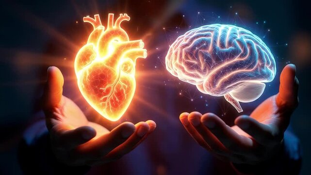 Slow motion handheld closeup of human heart and brain holograms floating above palms in dark studio setting