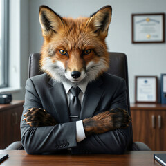 Fototapeta premium A red fox in a charcoal suit stands rigid with crossed arms and a severe narrowed glare, showing cold controlled anger in a softly lit minimalist executive office.