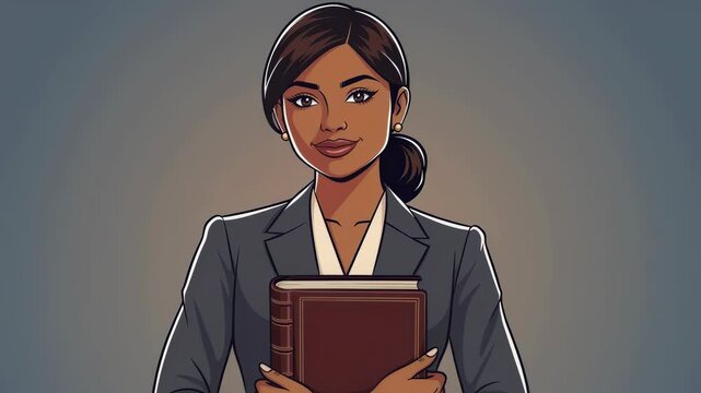 A professional woman in a dark blazer holds a leather bound book, her expression is confident and poised while representing the sophisticated nature of modern corporate leadership and study.