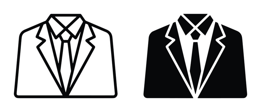 Professional business suit icons, formal tuxedo and necktie vector set, black and white corporate attire symbols for office dress code