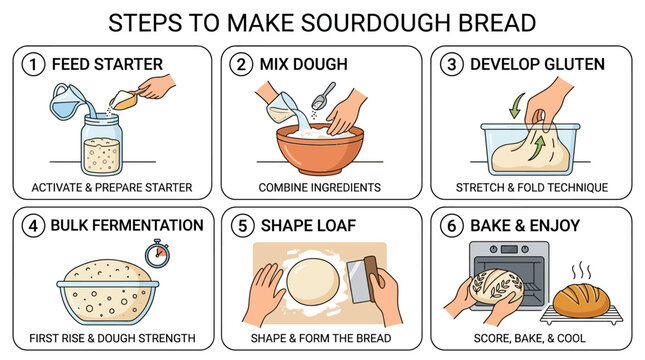 Detailed infographic illustrating the six essential steps to successfully make delicious homemade sourdough bread from scratch.