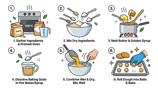 Step-by-step visual guide illustrating the process of gathering ingredients, mixing dough, and baking cookies with clear numbered instructions.