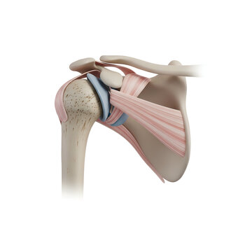 Anatomical illustration of a human shoulder joint, showing bones and muscles