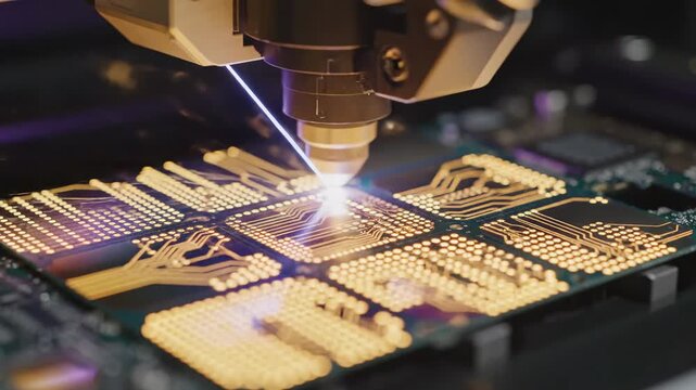 A mesmerizing laser cutter operates in a modern workshop, showcasing its precision as it engraves intricate golden designs onto high-tech computer chips.