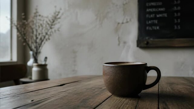 A rustic ceramic coffee cup sits on a weathered wooden table with a thin graceful aesthetic in a serene cafe setting, capturing a moody morning moment filled with warm comfort and simple charm.