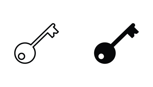 Simple antique key icon in outline and solid fill black and white on isolated white background