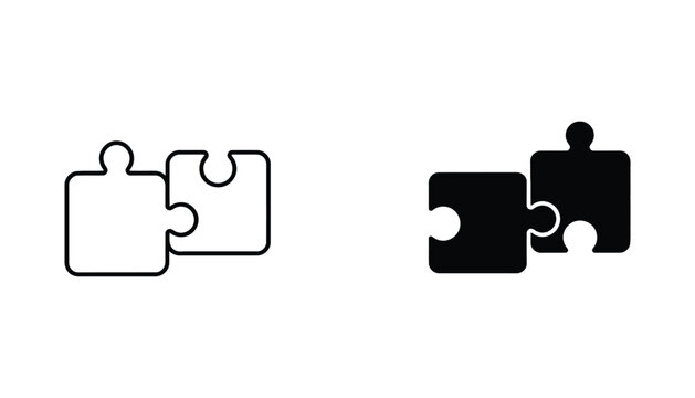 Two puzzle pieces fitting together in outline and solid black styles representing connection partnership and problem solving vector graphic