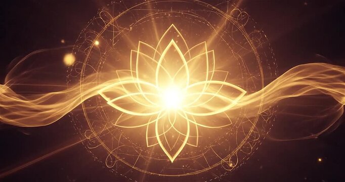 Glowing golden lotus flower with flowing energy waves and sacred light, spiritual abstract background perfect for meditation videos, yoga content, healing visuals, wellness branding, and mystical