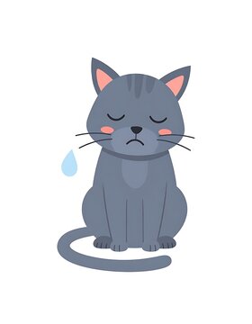 A gray cartoon cat with a sad expression and a tear