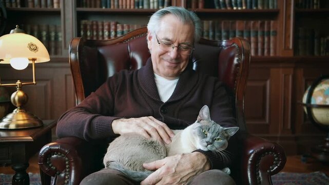 Serene moments unfold as an older gentleman shares quiet joy with his affectionate cat, nestled deeply in a grand library armchair