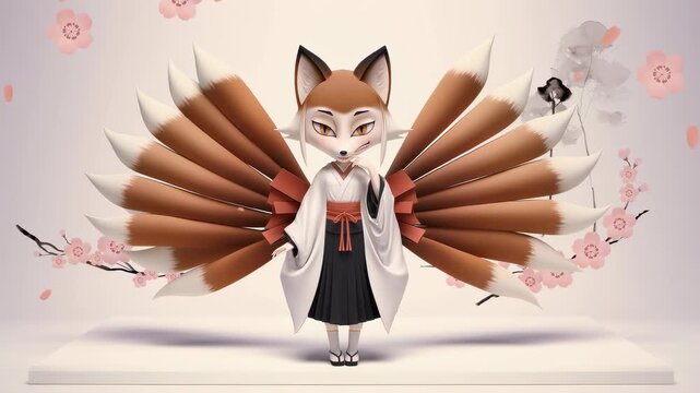 A stylized kitsune character in a traditional white and black kimono stands gracefully as a mythical fox figure inspired by the file A stylized kitsune character in a traditional white and black kimon