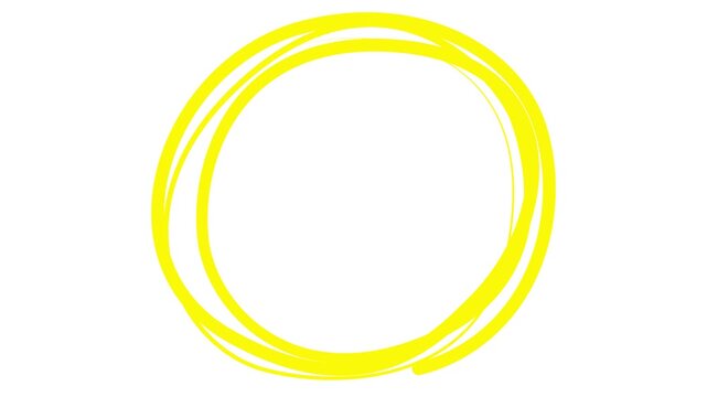Animated yellow decorative lines is drawn. Linear circle frame with copy space. Fluid effect. Drop of liquid moving. Looped video. Vector illustration isolated on white background.