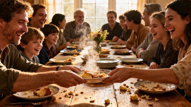 Family Gathering at Dinner: Capture the warmth and connection of a multi-generational family sharing a meal, filled with laughter, love, and the joy of togetherness around the table.