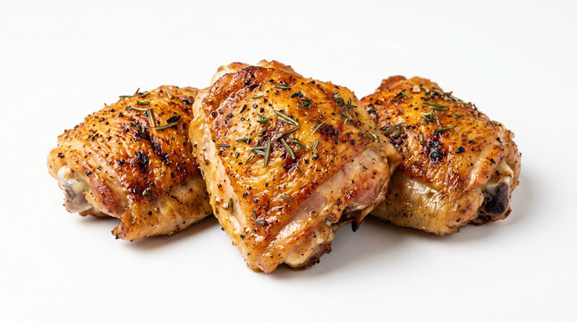 Baked chicken thighs with seasoning on a white background
