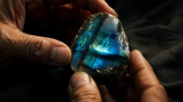 Weathered hands hold a raw labradorite gemstone, its internal iridescent blue and green flashes captured in this detailed close up shot highlighting the natural beauty of the mineral stone.