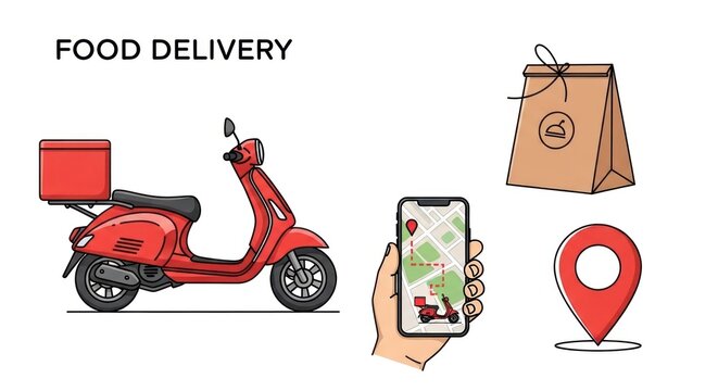 Illustration of red scooter for food delivery tracking on phone with location pin and paper bag.