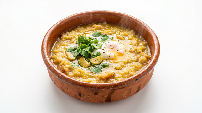A&ccedil;orda with herbs and egg in a rustic bowl on a white background
